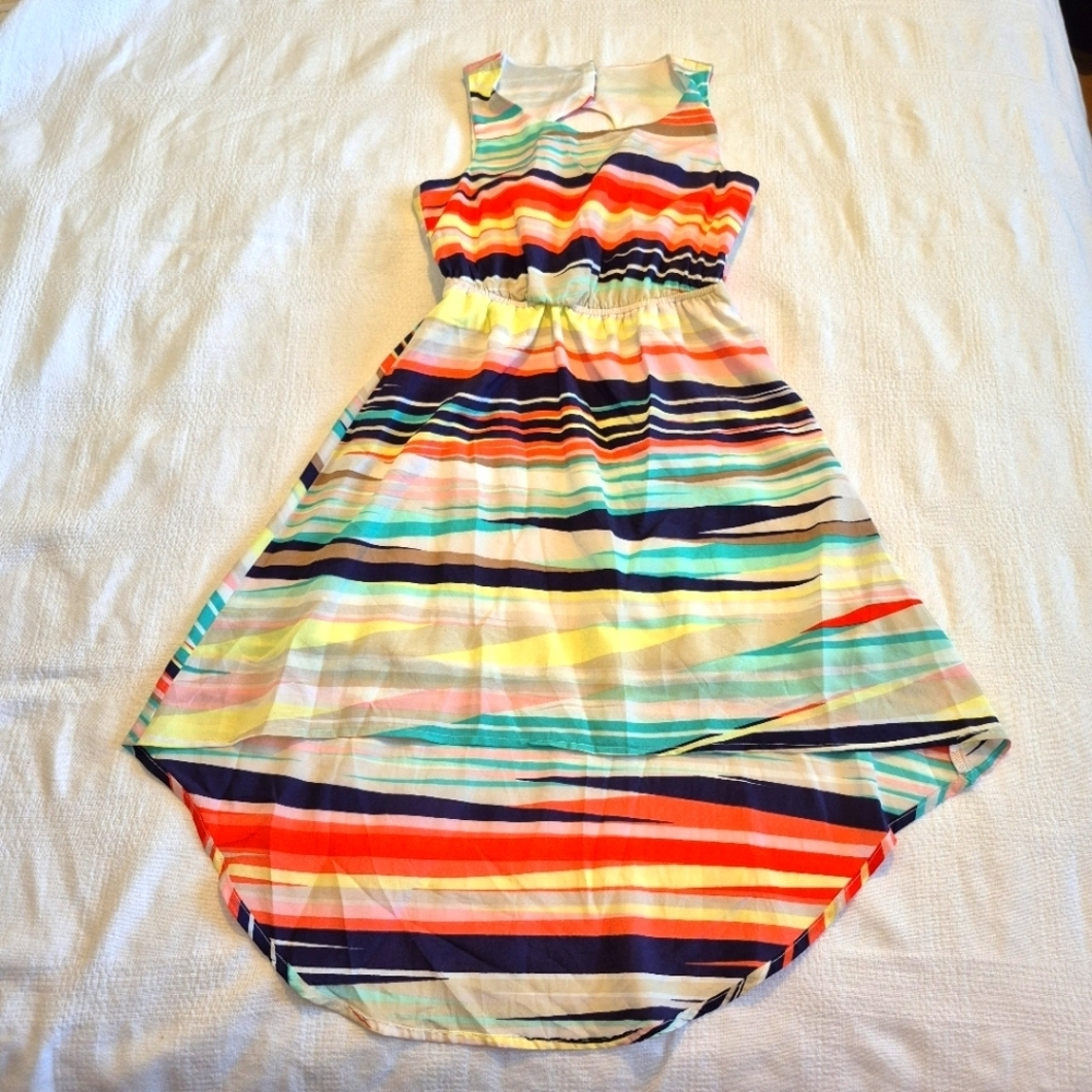 Paper Doll girls size 7 hi low sleeveless dress, bright stripes, lined, VGUC
